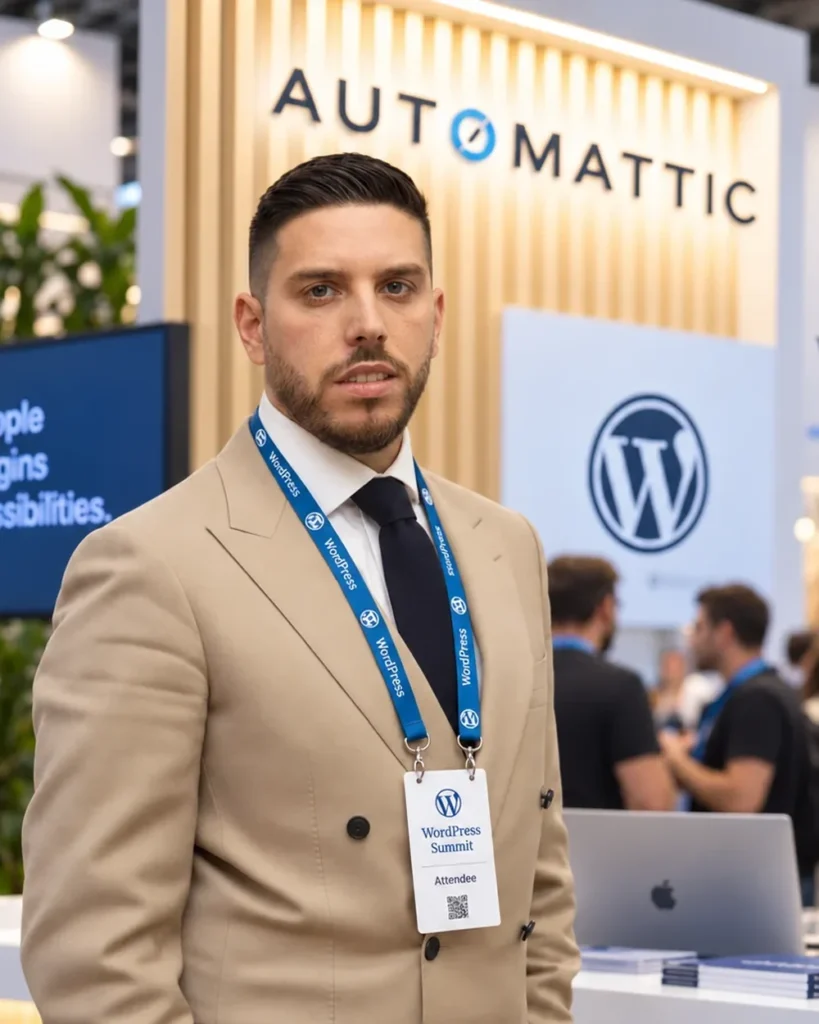 Manuel Mancini allo stand Automattic durante un evento WordPress